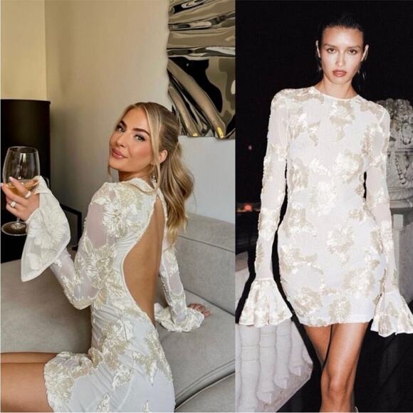 Rotate Birger Christensen Dress Rosita White Mesh Floral Back Cutout Mini US 12 - Picture 5 of 13